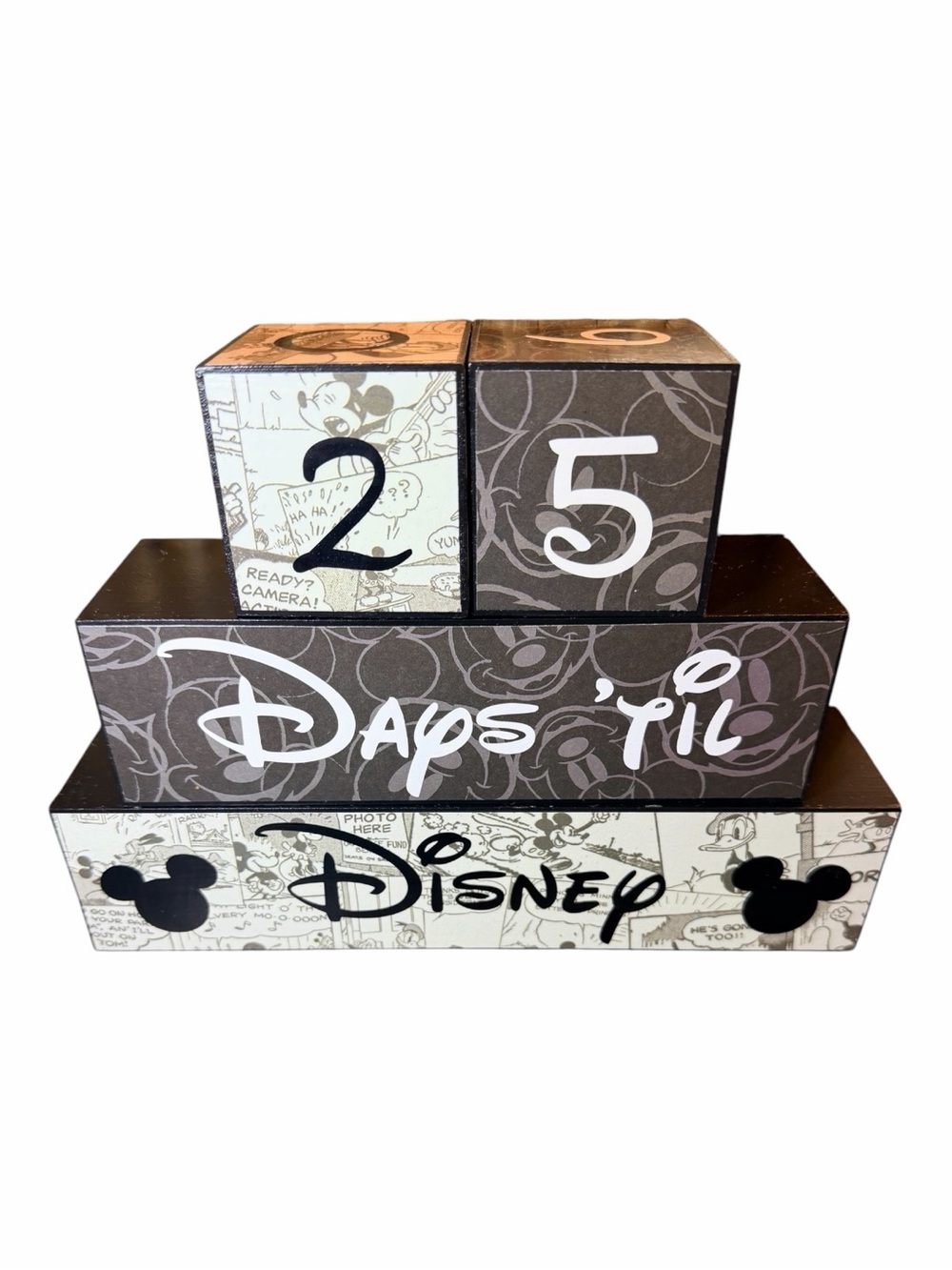 Wooden Disney Cartoon Graphic Trip Countdown Blocks - Black & Cream